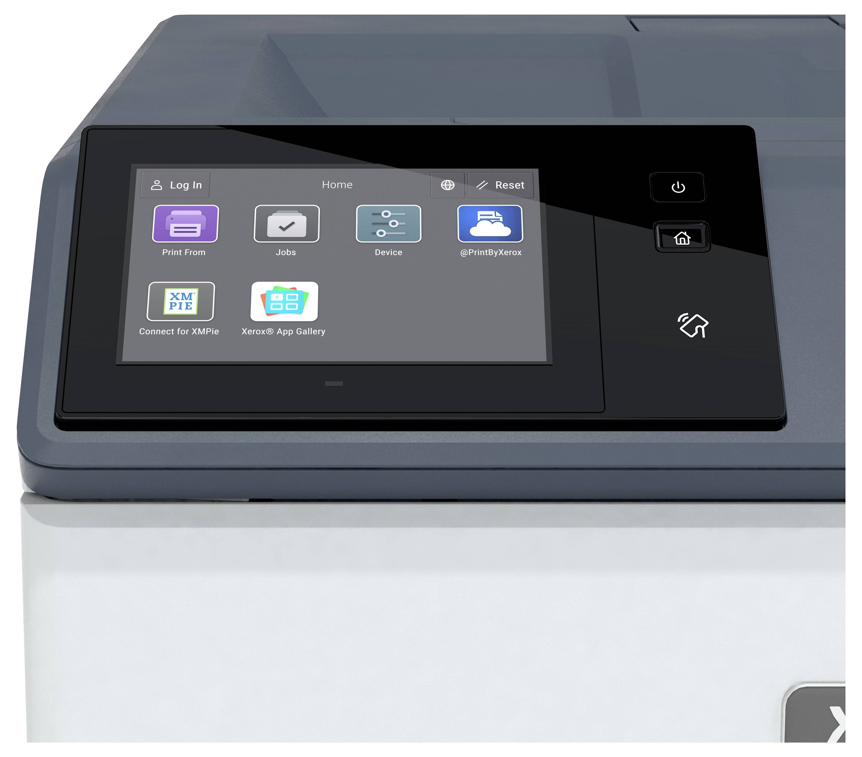 Druckerbedienfeld mit Optionen: 'Drucken von', 'Aufträge', 'Gerät'. Zeigt Power- und Home-Tasten, mit 'Anmelden'-Aufforderung.