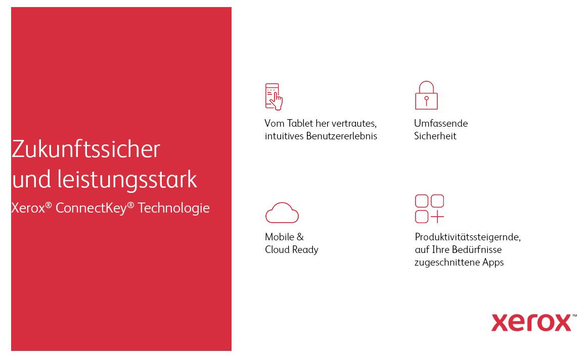 'Zukunftssicher und leistungsstark: Xerox ConnectKey Technologie' mit Symbolen für Benutzererlebnis, Sicherheit, Mobilität, Produktivitätssteigerung.