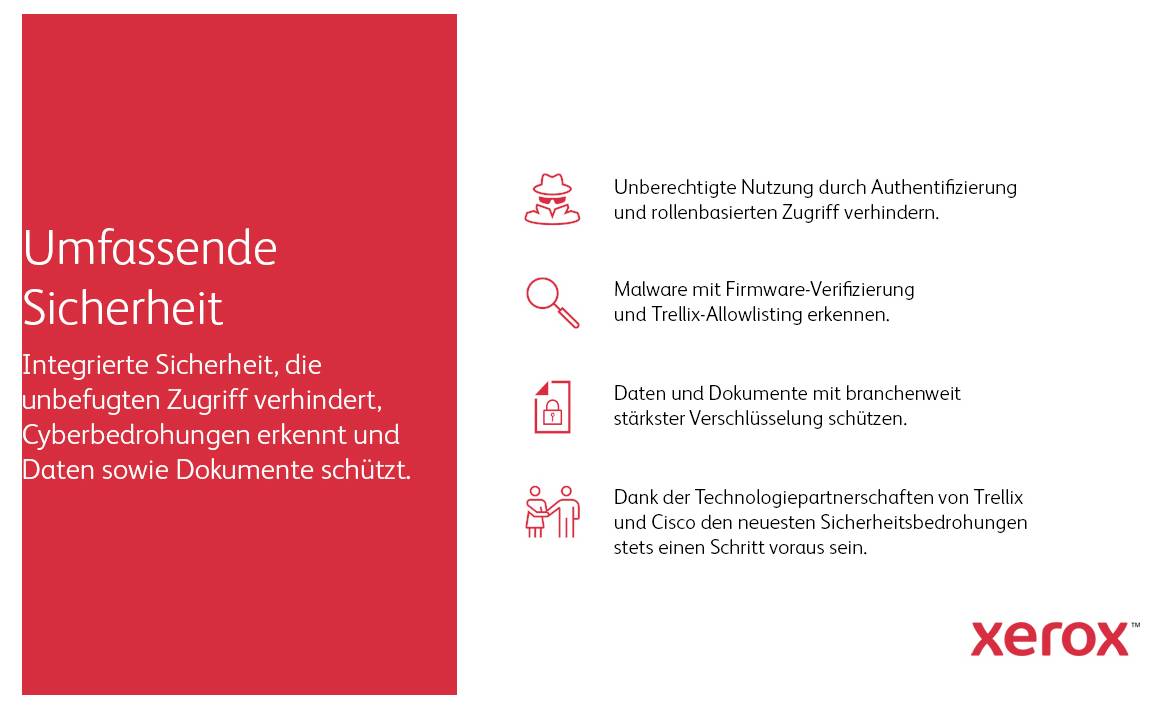 'Umfassende Sicherheit' von Xerox beschreibt den Schutz vor unbefugtem Zugriff, Erkennung von Cyberbedrohungen und Schutz von Daten und Dokumenten.