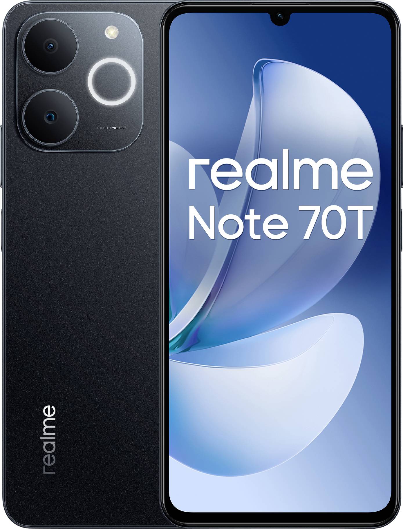 Smartphone Realme Note 70T mit Dual-Rückkameras und elegantem schwarzem Design, versehen mit der Markenbezeichnung 'realme' und einem Bildschirm, der ein blaues abstraktes Bild zeigt.