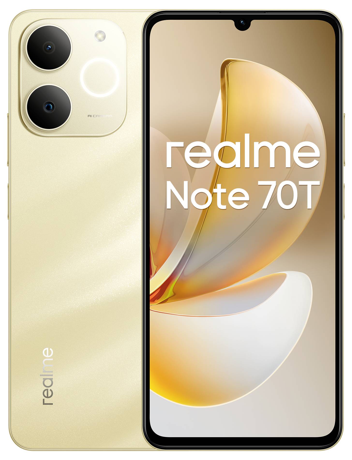 Smartphone-Bild, das ein realme Note 70T zeigt, mit elegantem Design, Dual-Rückkameras und einem lebendigen Display auf der Vorderseite.
