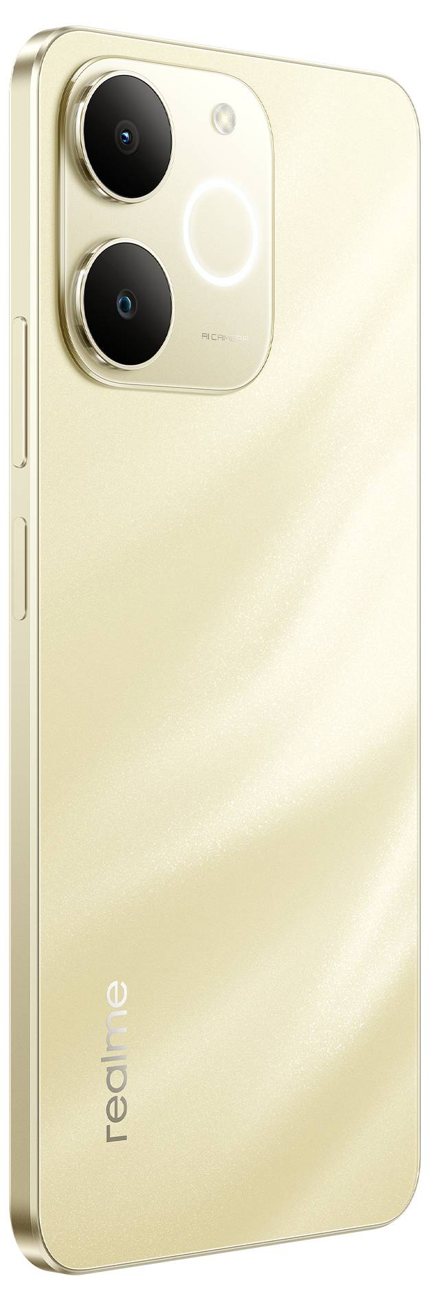 Ein goldfarbenes Smartphone, von hinten betrachtet, mit Dual-Kameras und dem 'realme'-Logo unten links.