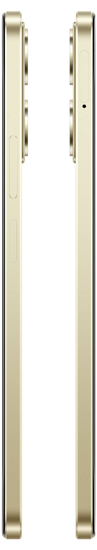 Seitenansicht eines beigen Smartphones, das ein schlankes Profil mit zwei Kameraaufsätzen auf der Rückseite oben zeigt, wobei der Ein-/Ausschalter auf der linken Kante sichtbar ist.