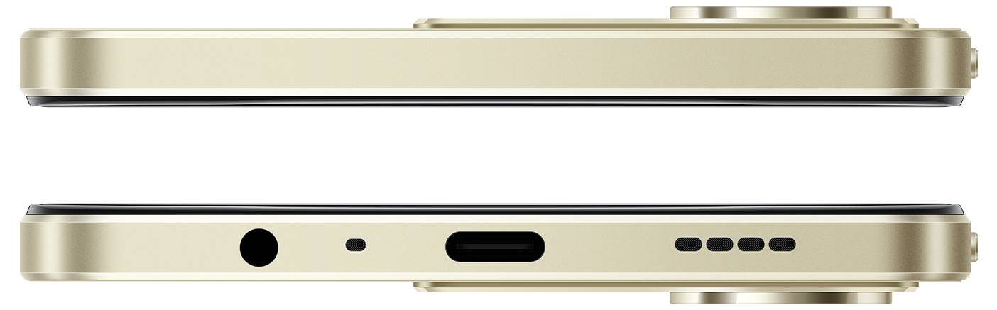 Gold Smartphone-Seitenansicht und Unteransicht zeigen Kameraerhöhung, USB-C-Anschluss, Kopfhörerbuchse und Lautsprecheröffnungen.