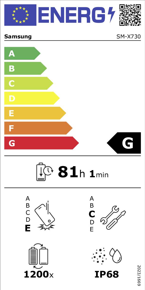 Energieeffizienzlabel für Samsung SM-X730. Bewertet mit G. Batterie hält 81 Stunden und 1 Minute. 1200x Ladezyklen. IP68 Wasserbeständigkeit.