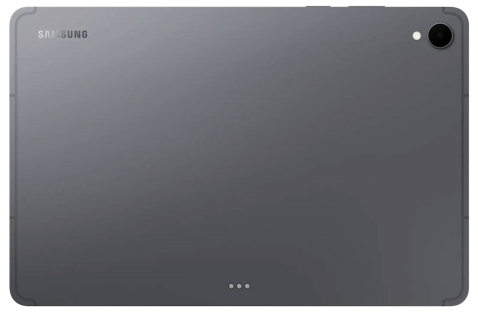 Ein grauer Samsung-Tablet, von hinten betrachtet, der die Rückkamera und das Markenlogo zeigt.