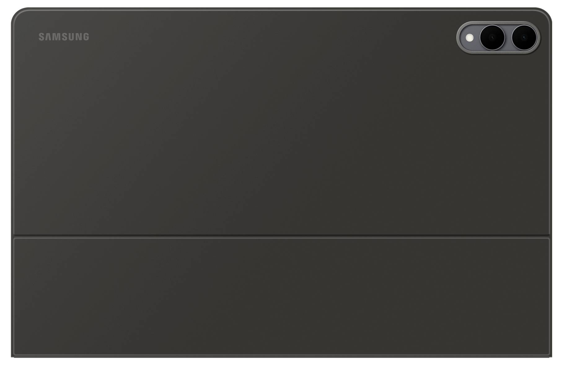 Ein schwarzes Samsung-Tablet von hinten, das zwei Rückkameras in der oberen rechten Ecke zeigt.