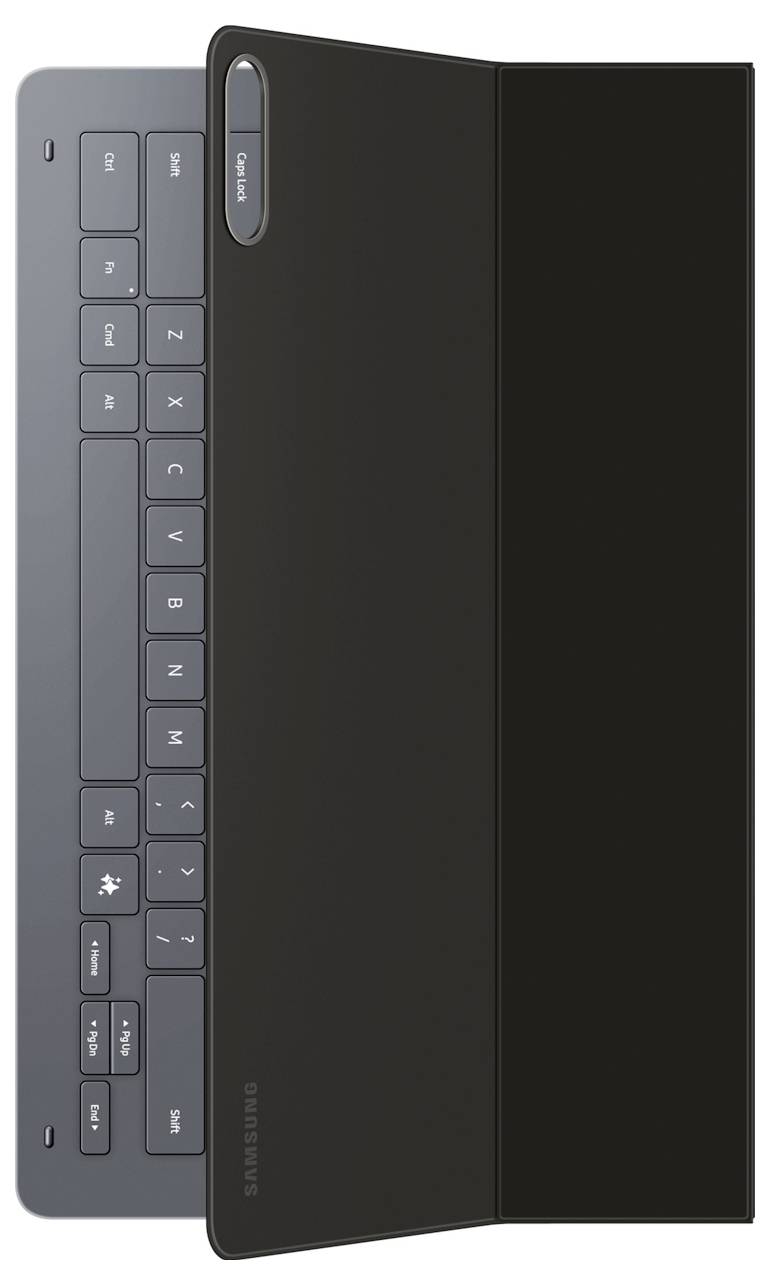 Ein schwarzes Tablet-Tastaturgehäuse für ein Samsung-Tablet, das das Tastaturlayout und den Schutzdeckel zeigt. Der Deckel ist teilweise geöffnet und gibt die Tastatur frei.