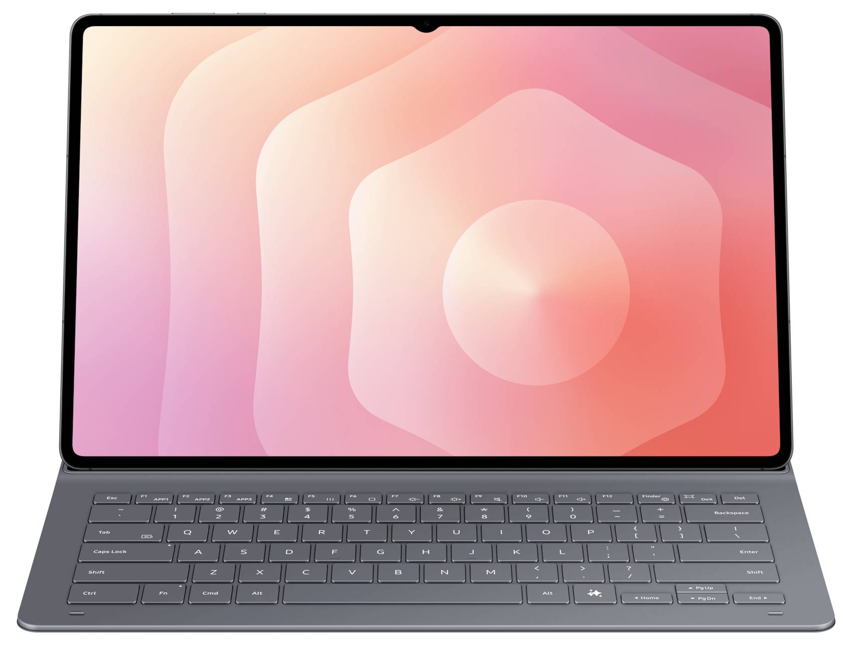 Ein schlankes Tablet mit abnehmbarer Tastatur, das einen geometrischen Rosa-Orange-Verlauf auf dem Bildschirm zeigt.