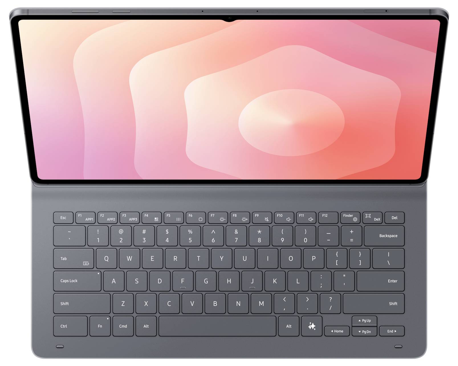 Ein schlankes, modernes Laptop mit einem großen Bildschirm, auf dem ein rosa Verlaufsfarbton zu sehen ist. Die Tastatur ist sichtbar und verfügt über eine standardmäßige QWERTZ-Tastaturanordnung.