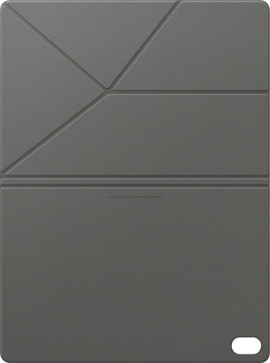 Ein dunkelgrauer rechteckiger Etui mit gefalteten Abschnitten, vermutlich für ein Tablet entwickelt.
