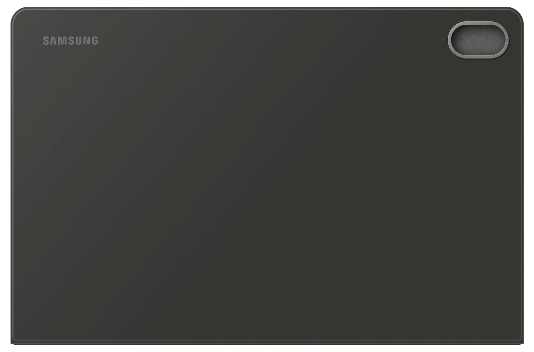 Schwarze Samsung-Wireless-Charging-Pad mit einer kleinen ovalen Aussparung in der oberen rechten Ecke.