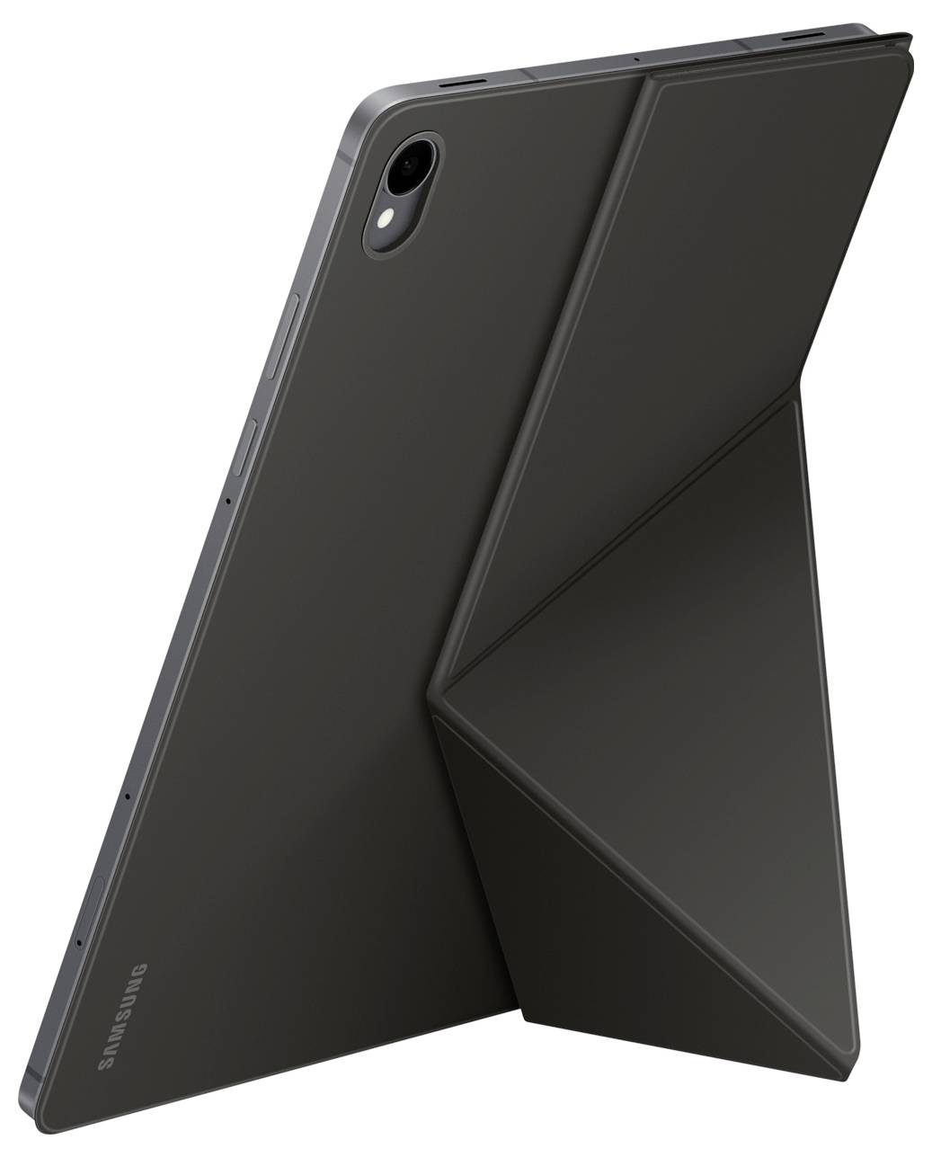 Ein schlankes, graues Tablet mit einem ausklappbaren Ständer, der eine Rückkamera offenbart, angewinkelt, um sein ergonomisches Design und seine Funktionalität zu betonen.