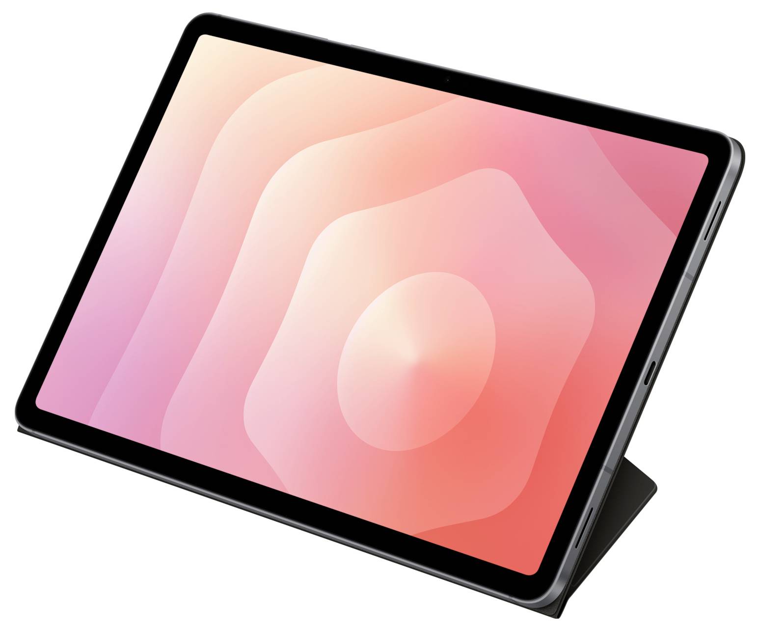 Ein Tablet mit einem abstrakten Design in Rosa und Orange auf dem Bildschirm, auf einem Ständer aufgestellt und von einem Winkel aus betrachtet.
