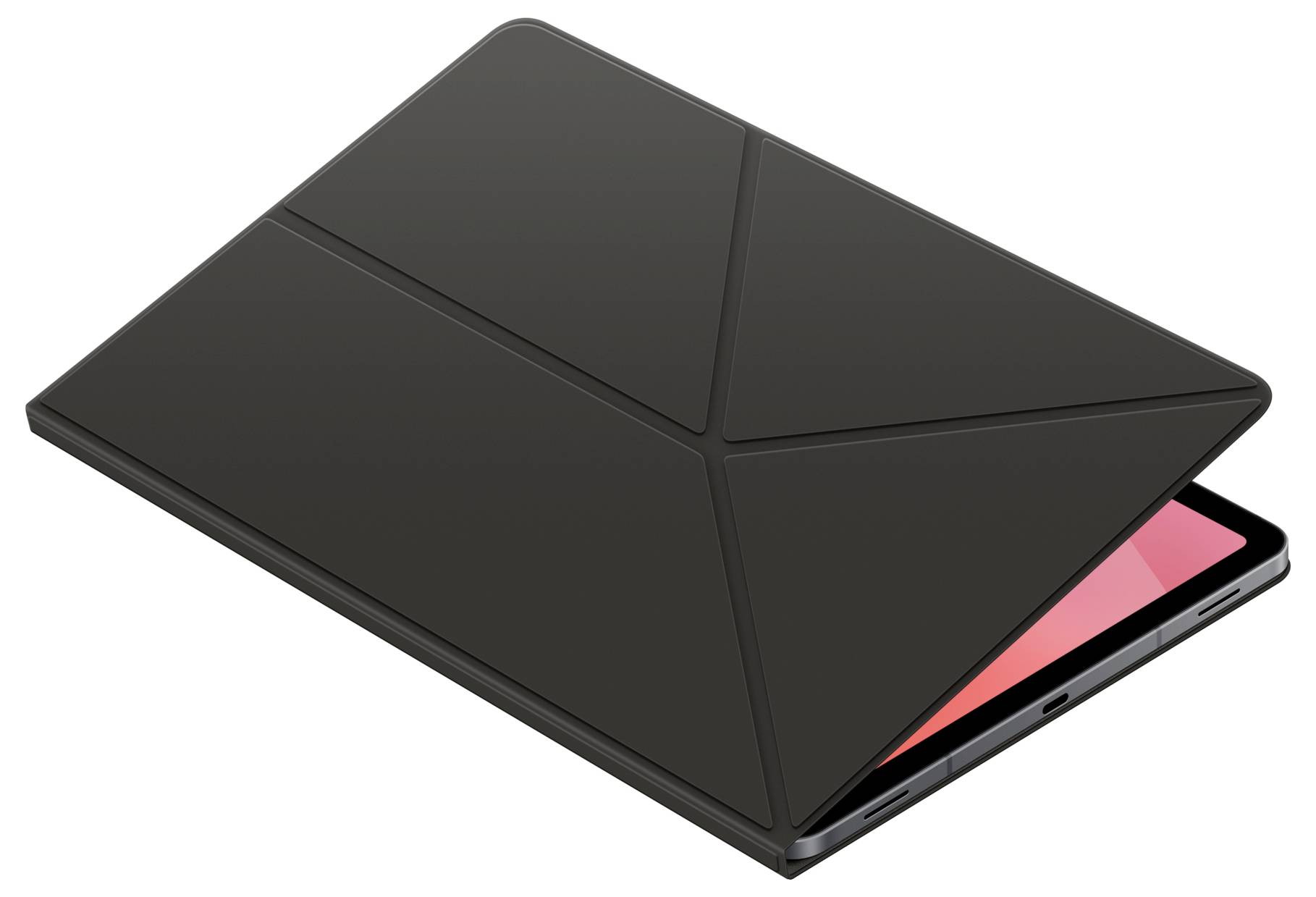 Ein schwarzes Tablet mit einem teilweise geöffneten Klappdeckel, das einen roten Bildschirm zeigt und in einem schrägen Winkel positioniert ist.