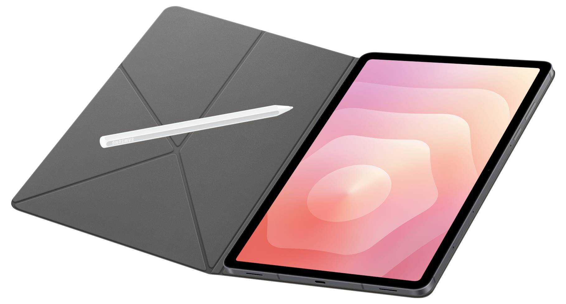 Ein Tablet mit einem Stylus auf einer Klappabdeckung. Das Tablet zeigt ein abstraktes Design in Rosa und Orange.