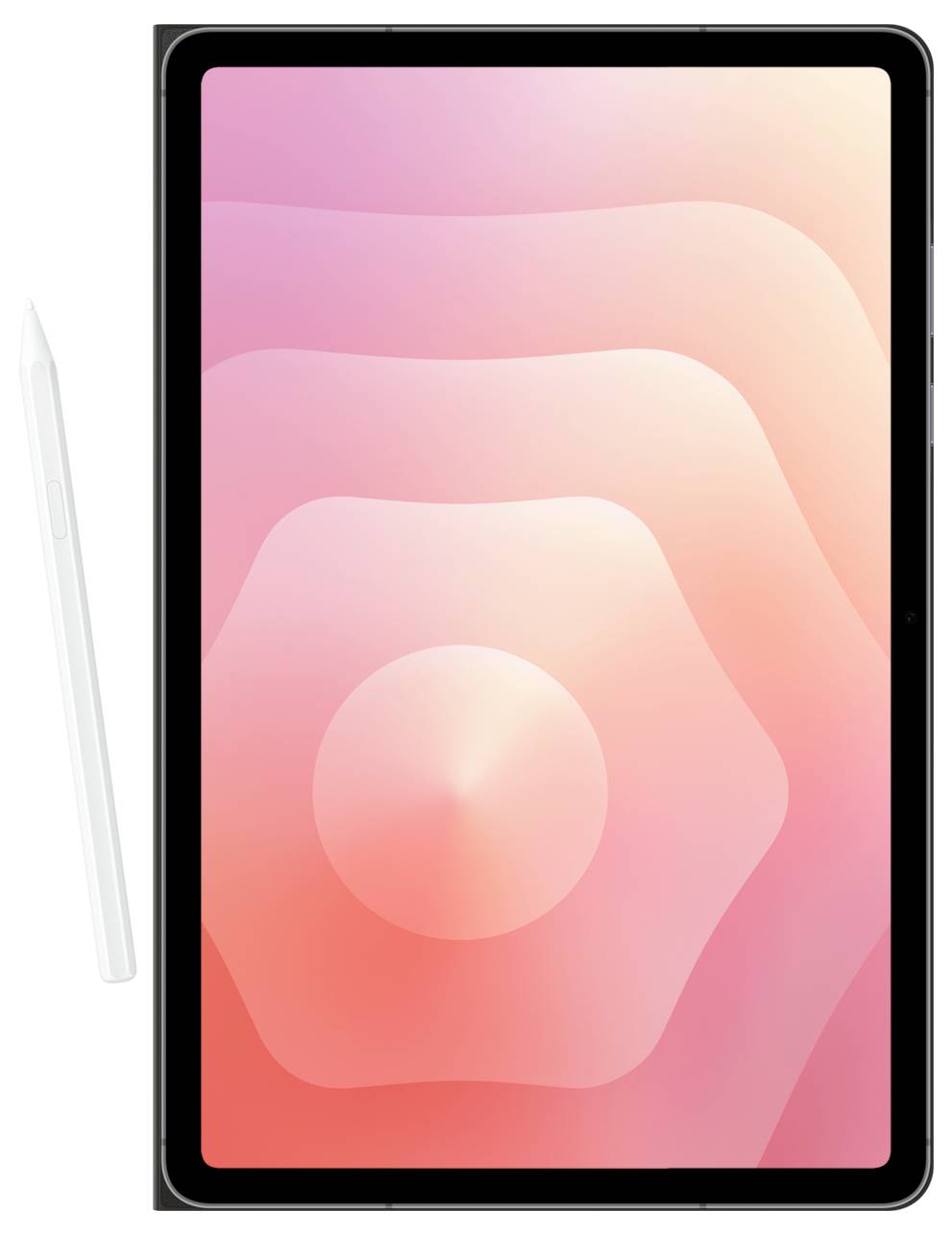 Eine schlanke Tablette mit einem weißen Stylus links, die ein abstraktes rosa Design auf ihrem Bildschirm zeigt.