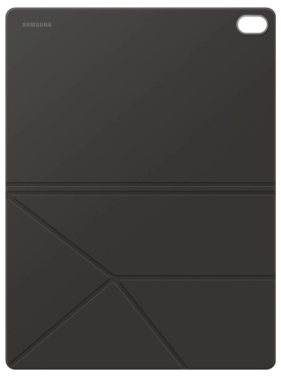 Eine schwarze Samsung Tablet-Hülle mit geometrischem Design und Kameraausschnitt in der oberen rechten Ecke.