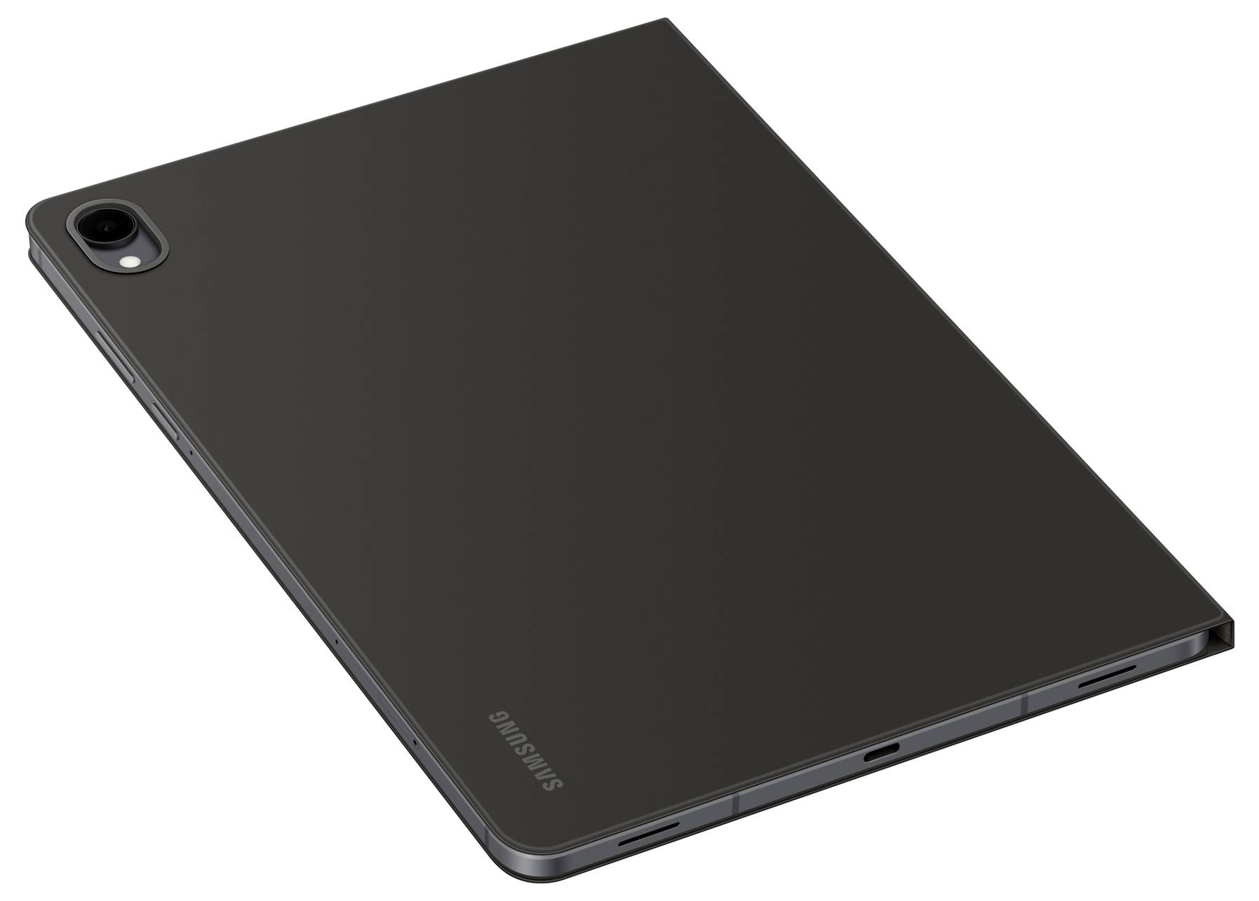 Ein schlankes, dünnes Tablet, von hinten betrachtet, mit einer dunklen Oberfläche und einer Kamera in der Ecke.