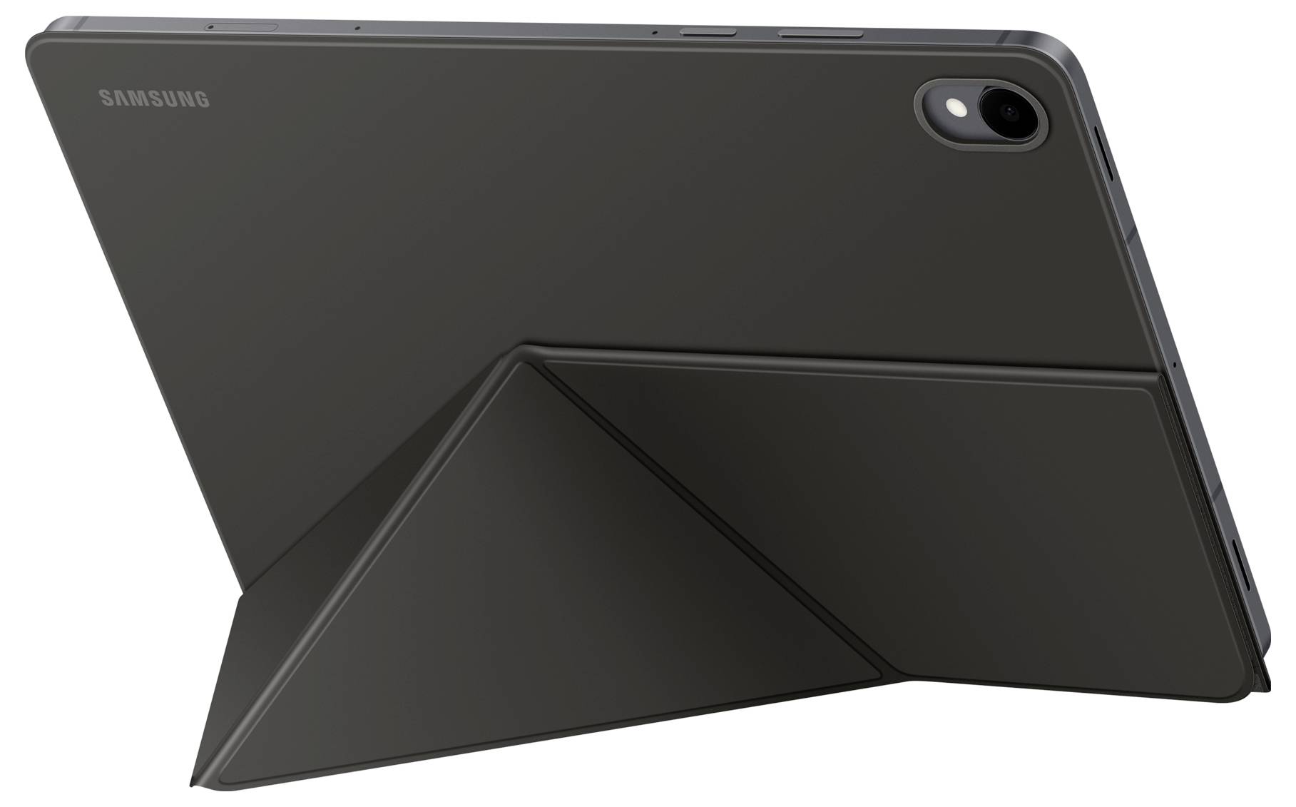 Ein schwarzes Tablet in einem Schutzgehäuse mit einem klappbaren Ständer, für die Querausrichtung auf einer ebenen Oberfläche positioniert.