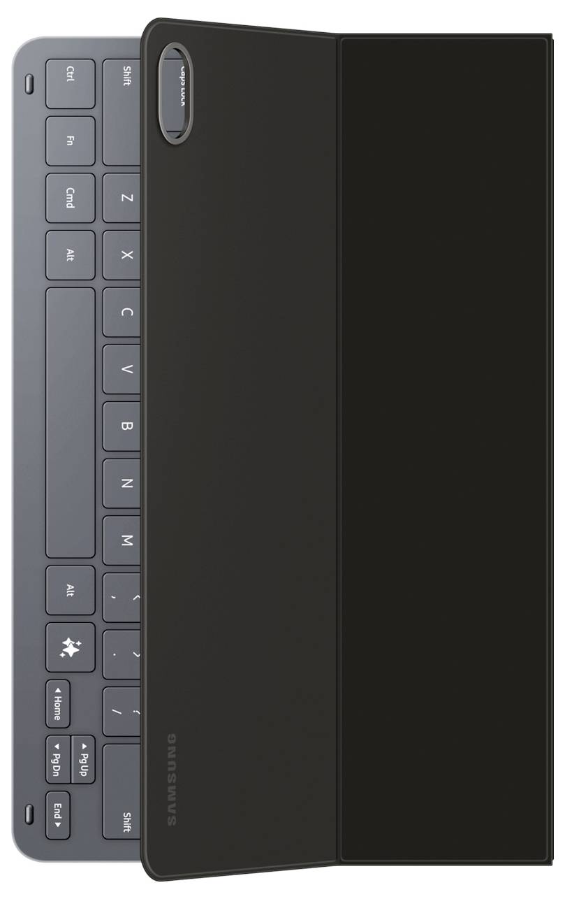 Beleuchtete Samsung-Tablet-Tastatur, schlankes Design, und magnetische Abdeckung teilweise geschlossen, einige Tasten sichtbar, in Grau und Schwarz.