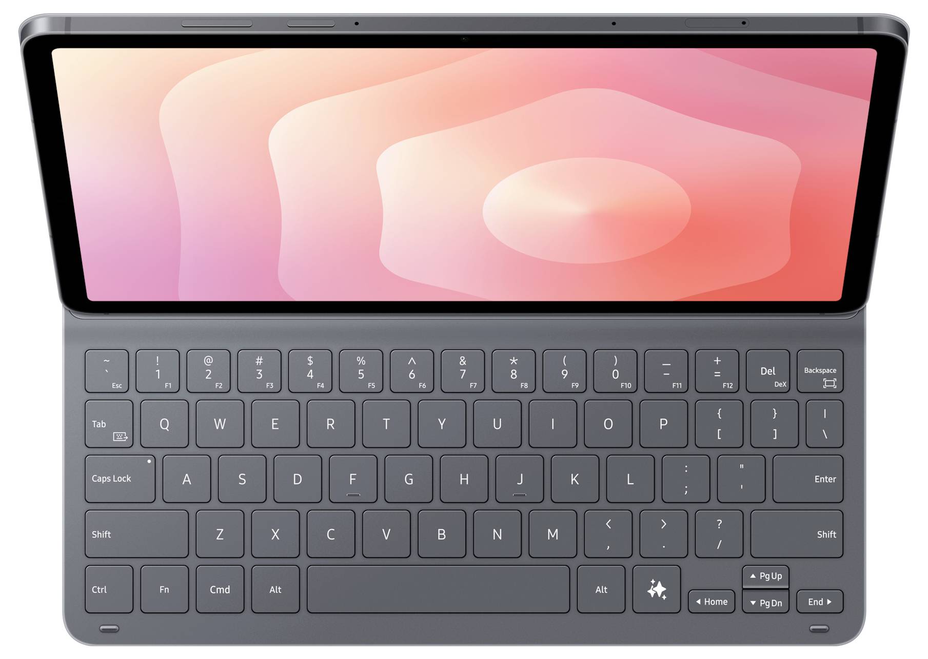 Ein Tablet mit einer abnehmbaren Tastatur, das einen rosa Farbverlauf auf dem Bildschirm zeigt.