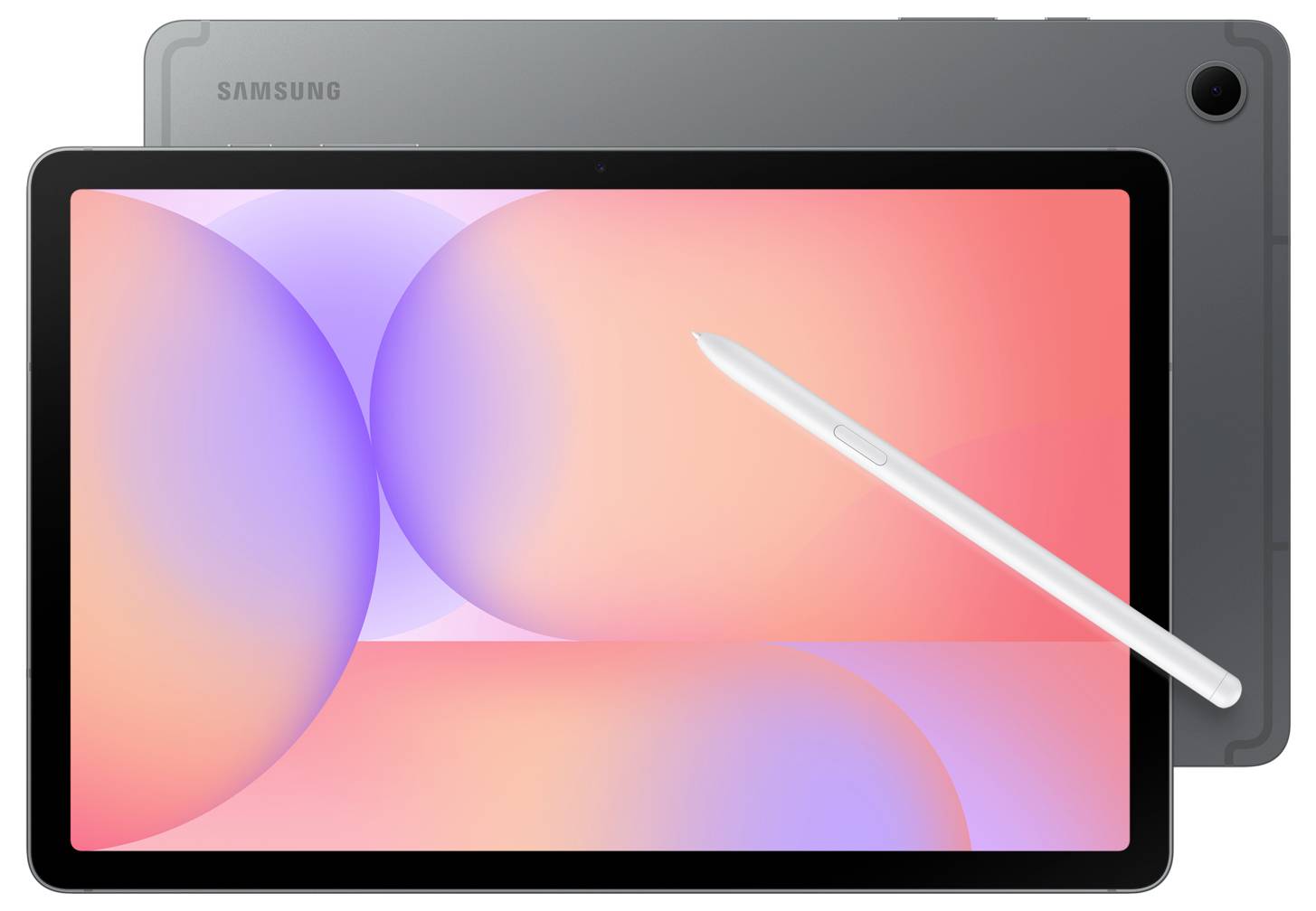 Eine Tablette mit einem Stylus vor einer weiteren Tablette, die einen leuchtenden Bildschirm mit abstrakten überlappenden Kreisen in Pastellfarben zeigt.