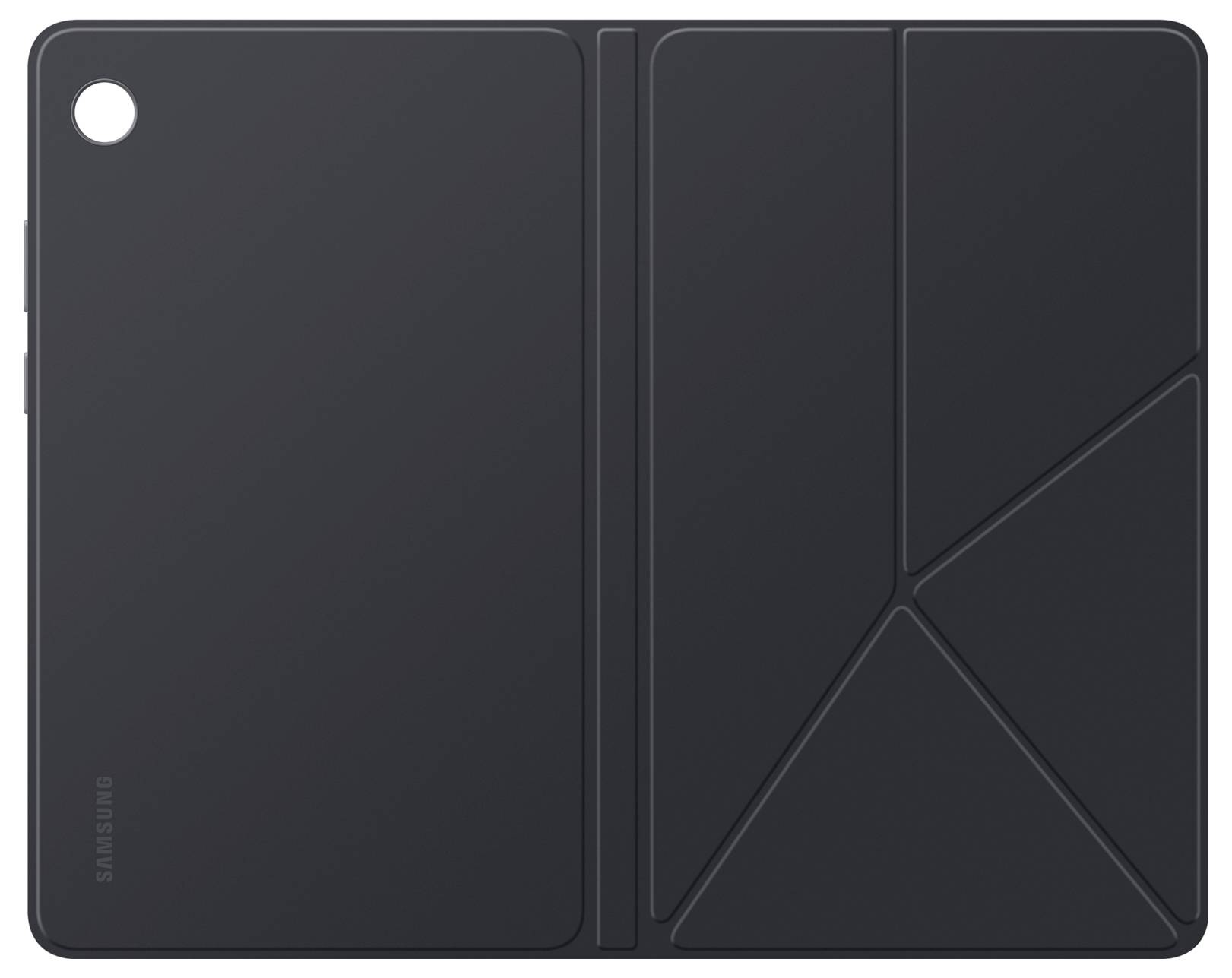 Schwarze Samsung Tablet-Hülle, zu einem Ständer gefaltet, mit geometrischen Mustern auf dem Cover.