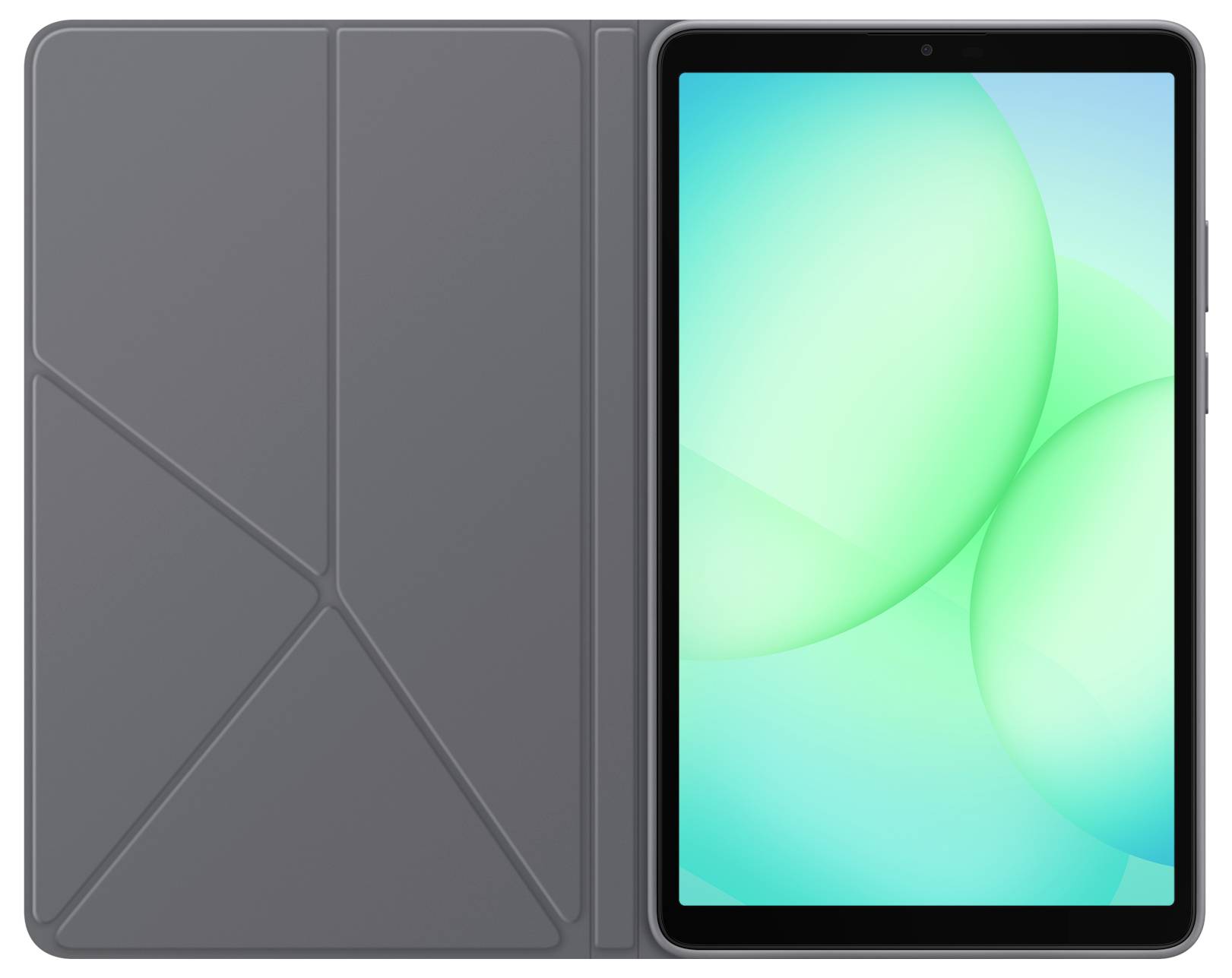 Ein Tablet mit einer Hülle, dessen Bildschirm abstrakte grüne Formen zeigt. Die Hülle ist dunkelgrau und geöffnet, um den Bildschirm zu präsentieren.