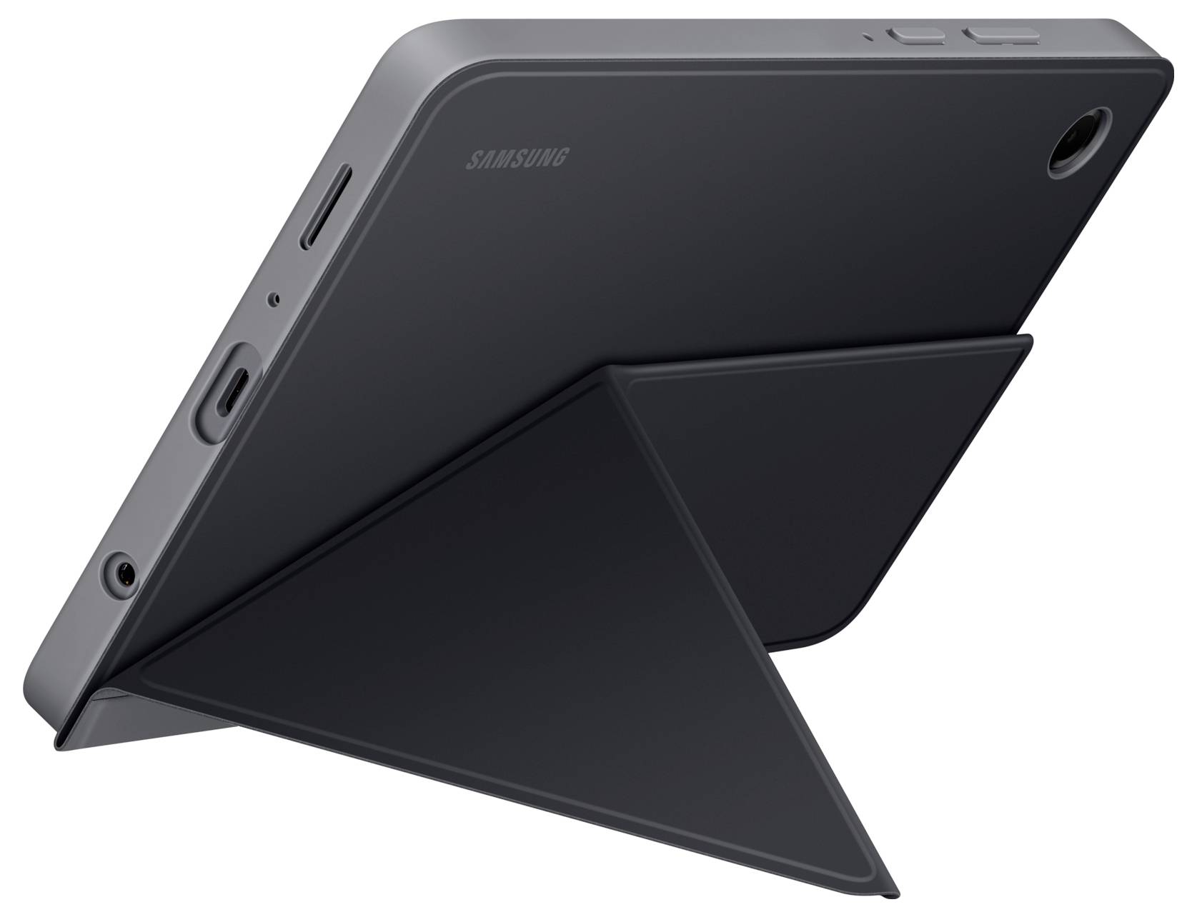 Ein Tablet mit schwarzem Gehäuse ist mithilfe seines faltbaren Ständers aufgestellt, aus einem Winkel betrachtet, der die dreieckige Form des Ständers und den Ladeanschluss zeigt.
