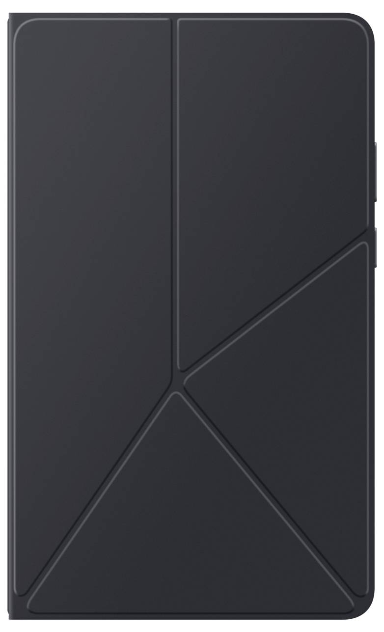 Eine elegante schwarze Tablet-Hülle mit einem geometrischen Design aus diagonalen und vertikalen Linien, die markante dreieckige Abschnitte bilden.