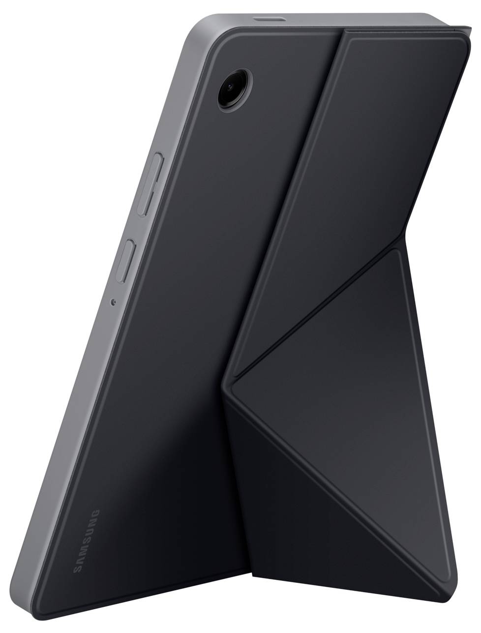 Ein schlankes, graues Tablet mit einem kantigen, ausklappbaren Ständer, der sein Seitenprofil zur Geltung bringt; mit Tasten entlang des Rands.