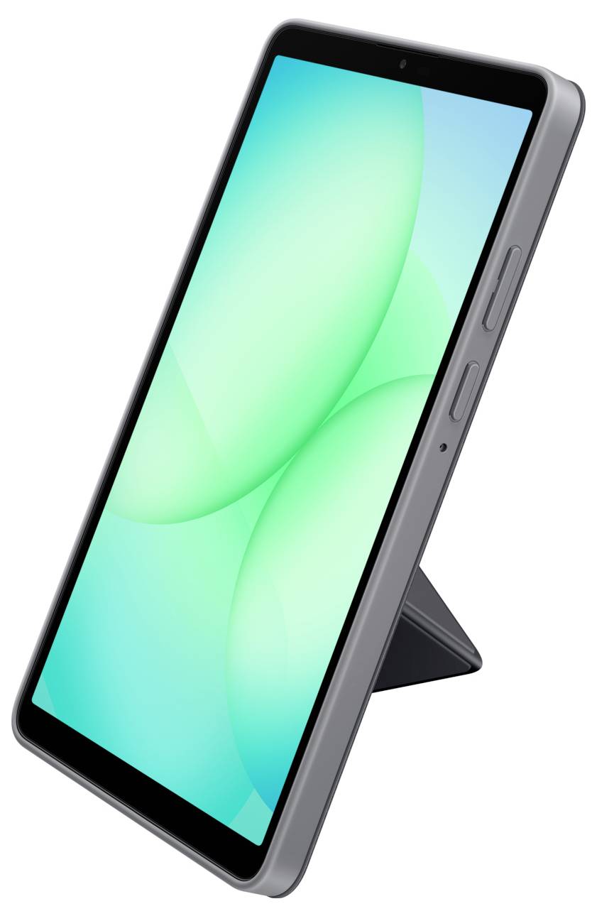 Ein schlankes, modernes Tablet steht aufrecht auf seiner Hülle mit einem leuchtend blauen bis grünen Bildschirm, was fortschrittliche Technologie und Mobilität andeutet.