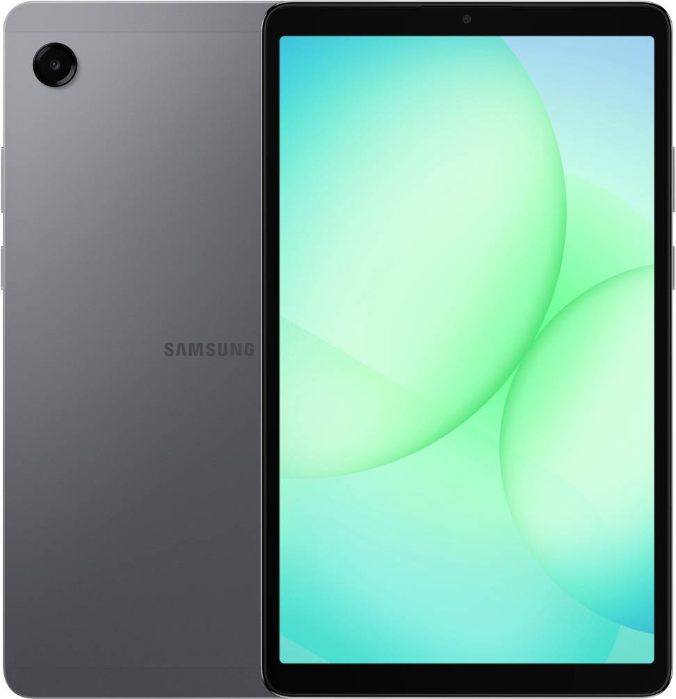 Eine schwarze Tablette mit Vorder- und Rückansicht; der Frontbildschirm zeigt einen hellen blauen abstrakten Hintergrund mit geschwungenen Formen.