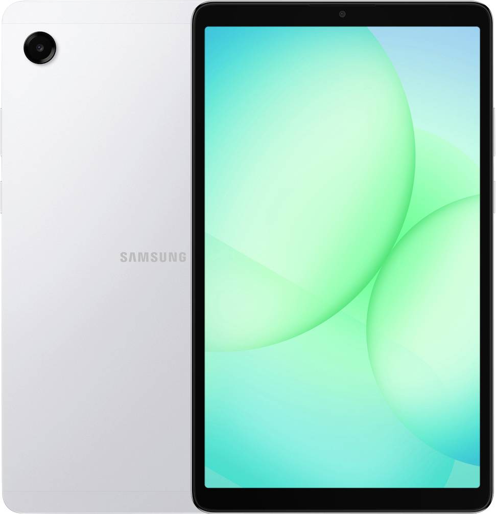 Weißes Tablet mit schwarzem Bildschirm, der ein grünes abstraktes Design zeigt.