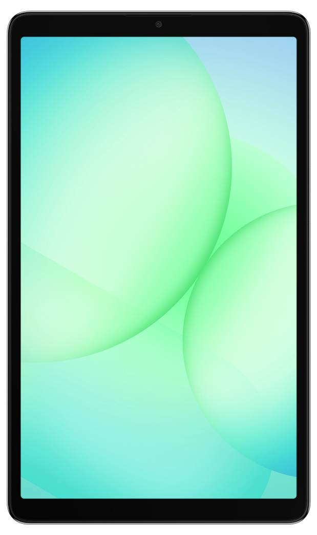 Ein Tablet mit schwarzem Rahmen, auf dessen Bildschirm ein abstrakter grün-blauer Hintergrund zu sehen ist.