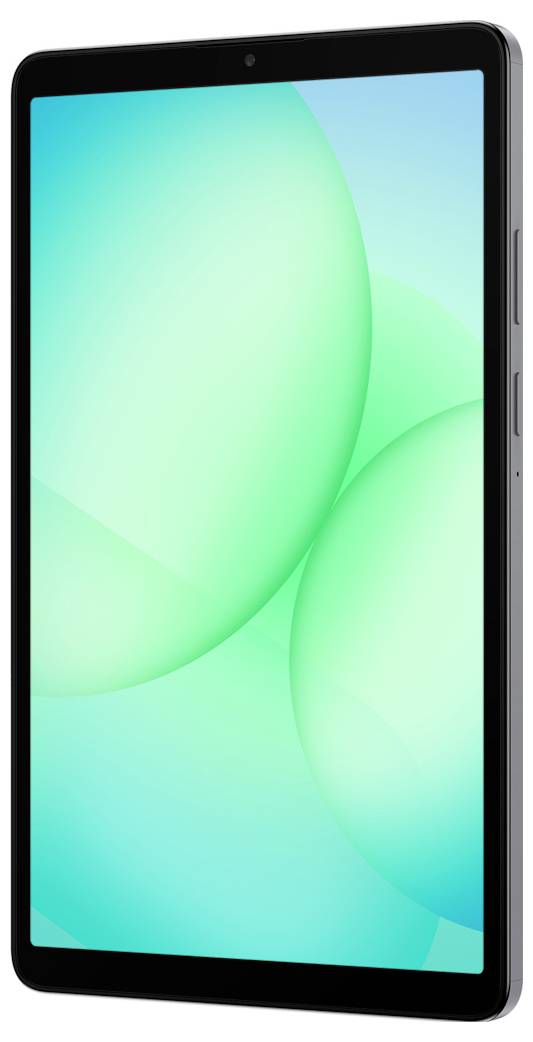 Ein schlankes, modernes Tablet mit schwarzem Rand und glatter Glasoberfläche, auf dem ein leuchtendes abstraktes Grünhintergrund dargestellt wird.