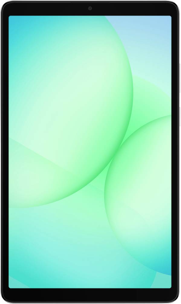 Ein Tablet mit einem schlanken schwarzen Rahmen zeigt einen lebendigen abstrakten Hintergrund in Grün- und Blautönen.