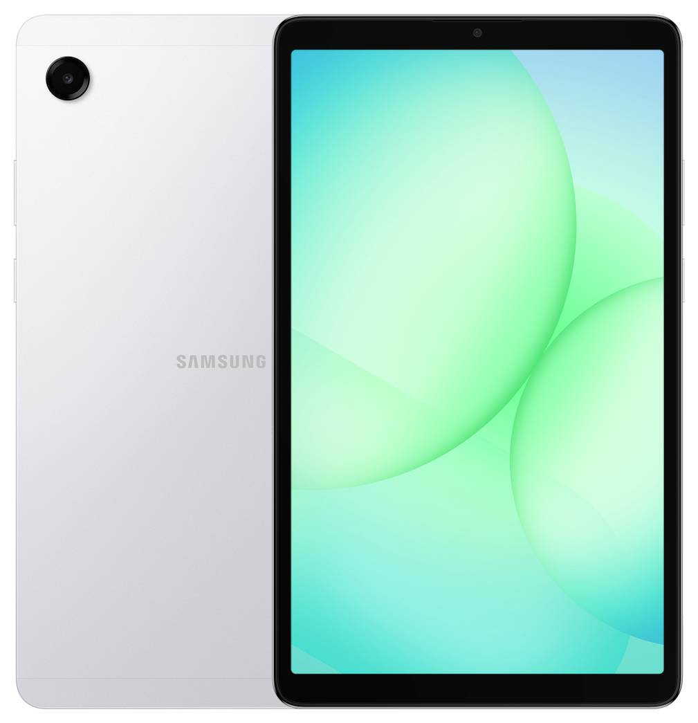 Vorder- und Rückansicht eines weißen Tablets mit schwarzem Bildschirmrahmen. Der Bildschirm zeigt ein hellgrünes abstraktes Design.