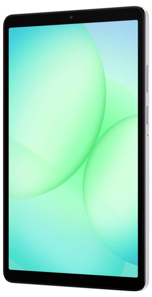 Ein Tablet mit schlankem Design, silbernem Rahmen und einem Bildschirm, der einen türkisfarbenen und grünen abstrakten Hintergrund zeigt.