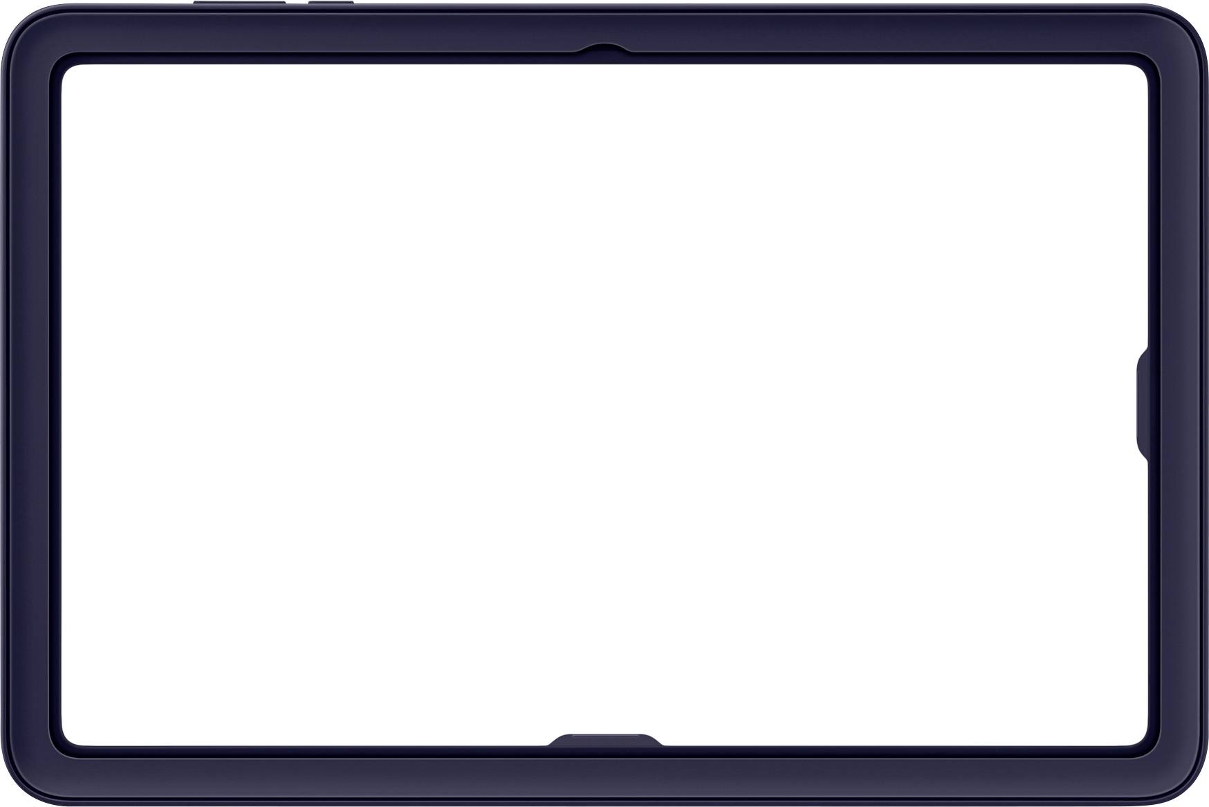 Ein schwarzer rechteckiger Rahmen, der horizontal auf einem weißen Hintergrund liegt und einen Tablet- oder Bildschirmrand mit abgerundeten Ecken ähnelt.