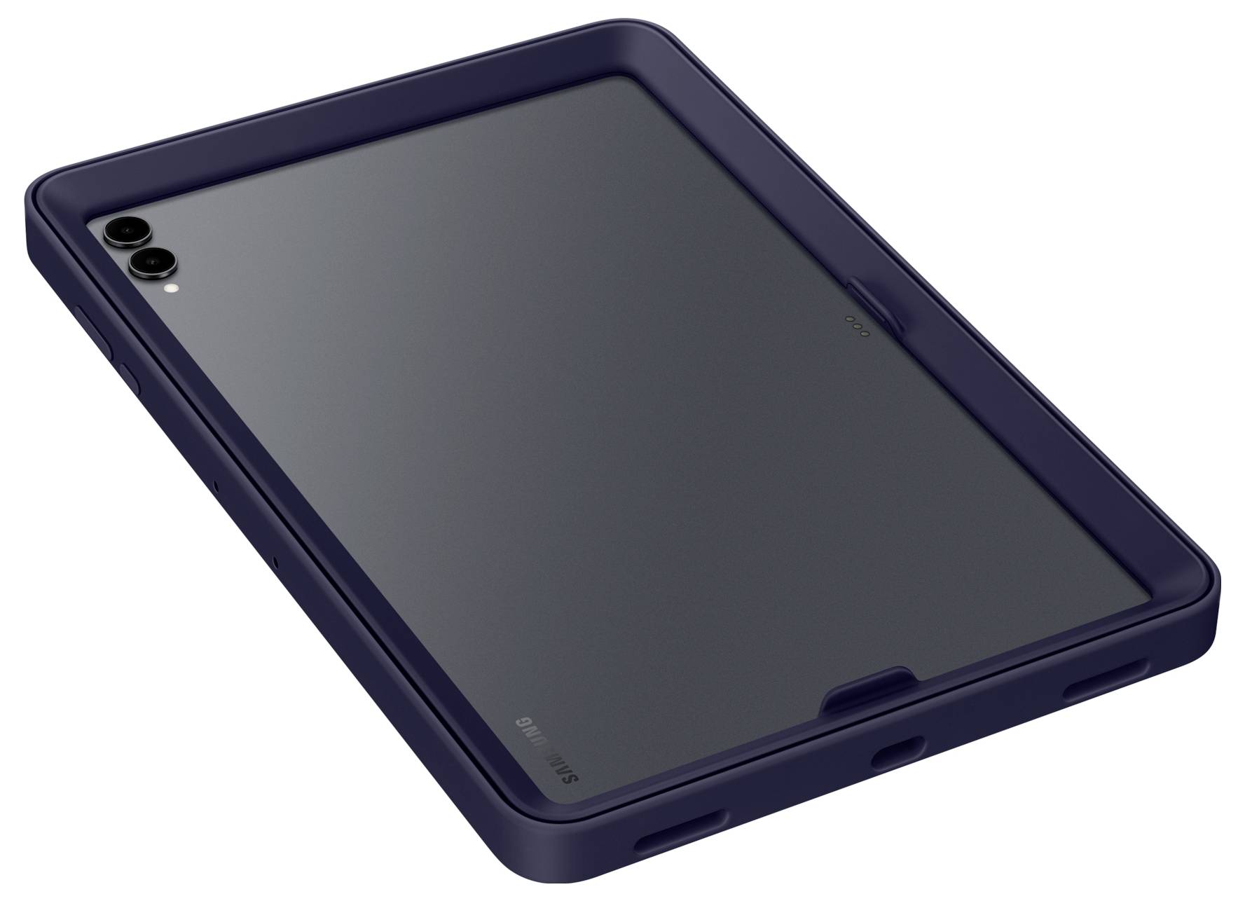 Ein schwarzes, schützendes Tablet-Gehäuse mit Aussparungen für zwei Kameras und einer sicheren Passform wird vor einem weißen Hintergrund präsentiert.