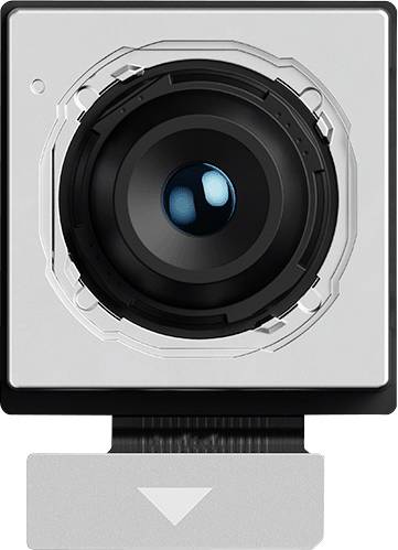 Eine Nahaufnahme eines Kamerasensors mit einer Objektiveinheit, die detaillierte Komponenten einschließlich einer zentralen Linse, die von metallischen Elementen umgeben ist, zeigt.