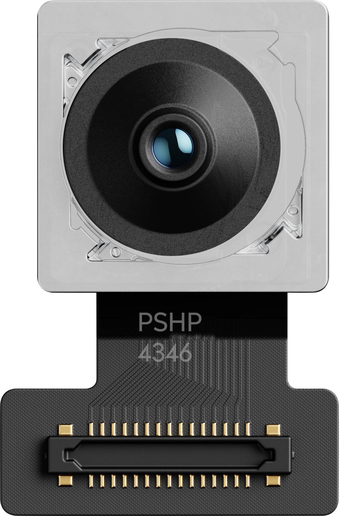 Ein Nahaufnahmebild eines Smartphone-Kameramoduls mit Linse und Anschluss, das technische Details und kompaktes Design zeigt.