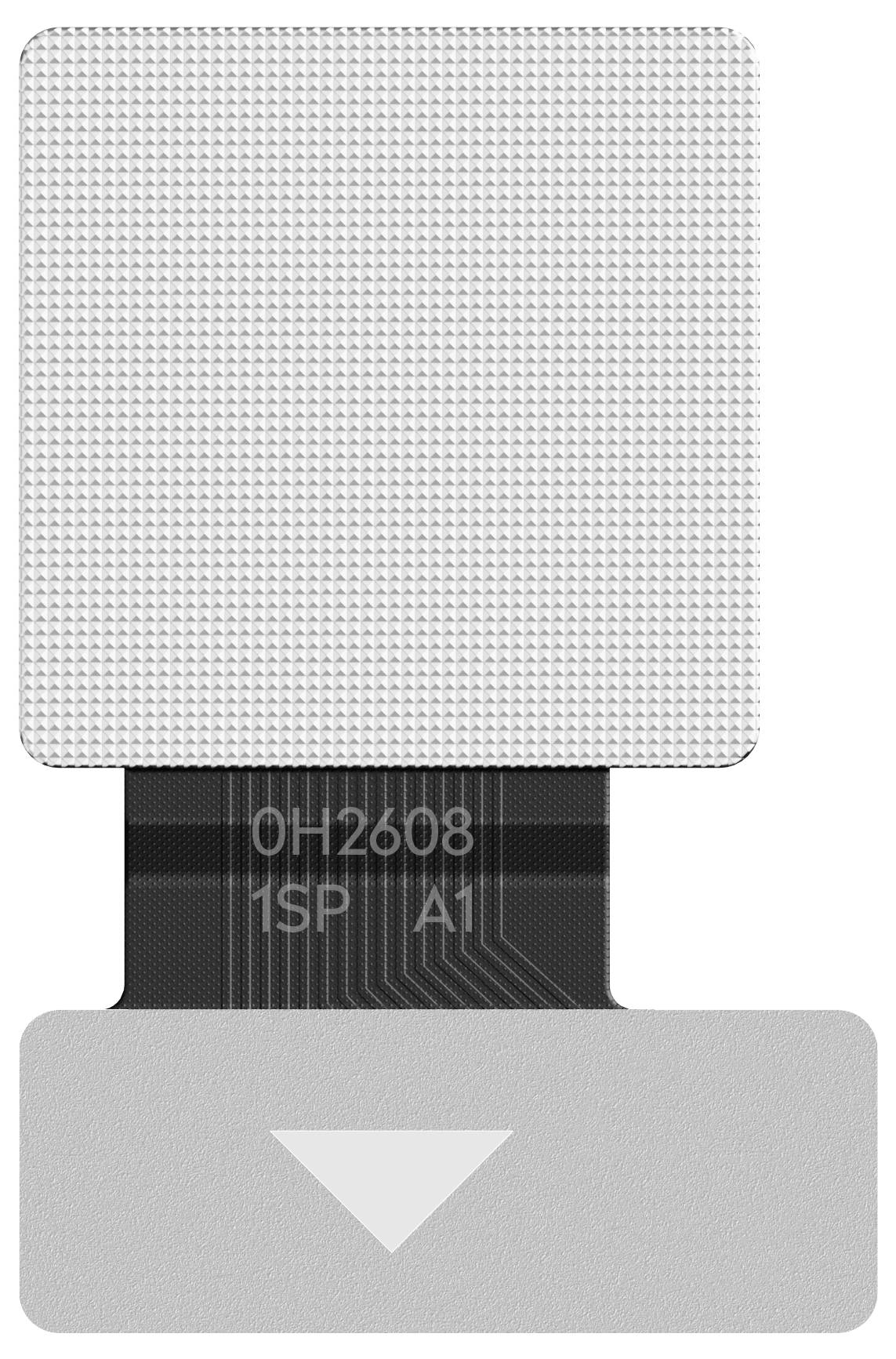 'OH2608 1SP A1' auf einer kleinen elektronischen Komponente mit strukturierter Oberfläche und angeschlossenem Flachbandkabel. Pfeil am flachen Ende.