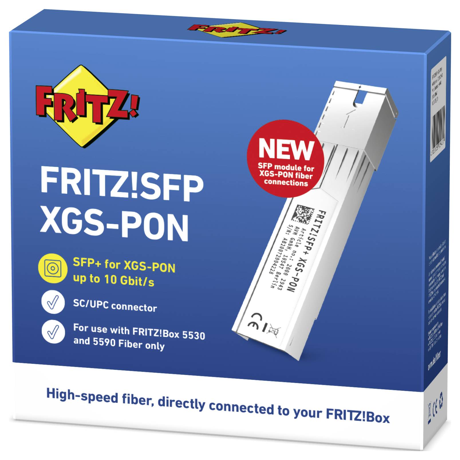 Verpackung des 'FRITZ!SFP XGS-PON' Moduls mit Hervorhebung von Merkmalen wie:- SFP+ für XGS-PON- Geschwindigkeit von bis zu 10 Gbit/s- SC/UPC Anschluss