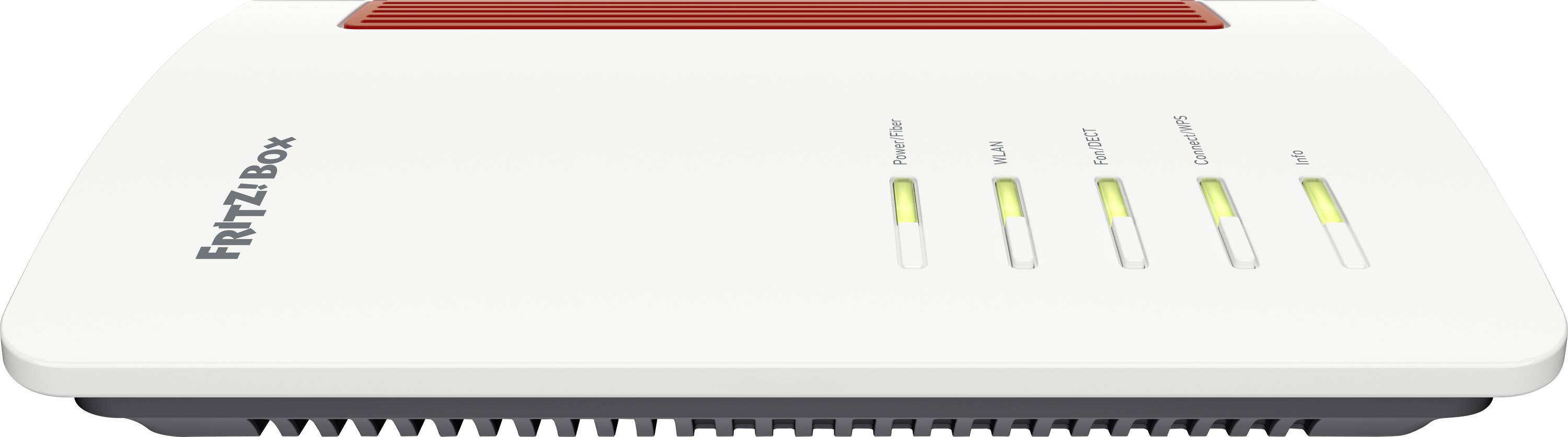Ein weißer WLAN-Router mit vier Anzeigelichtern, beschriftet mit „Power/DSL