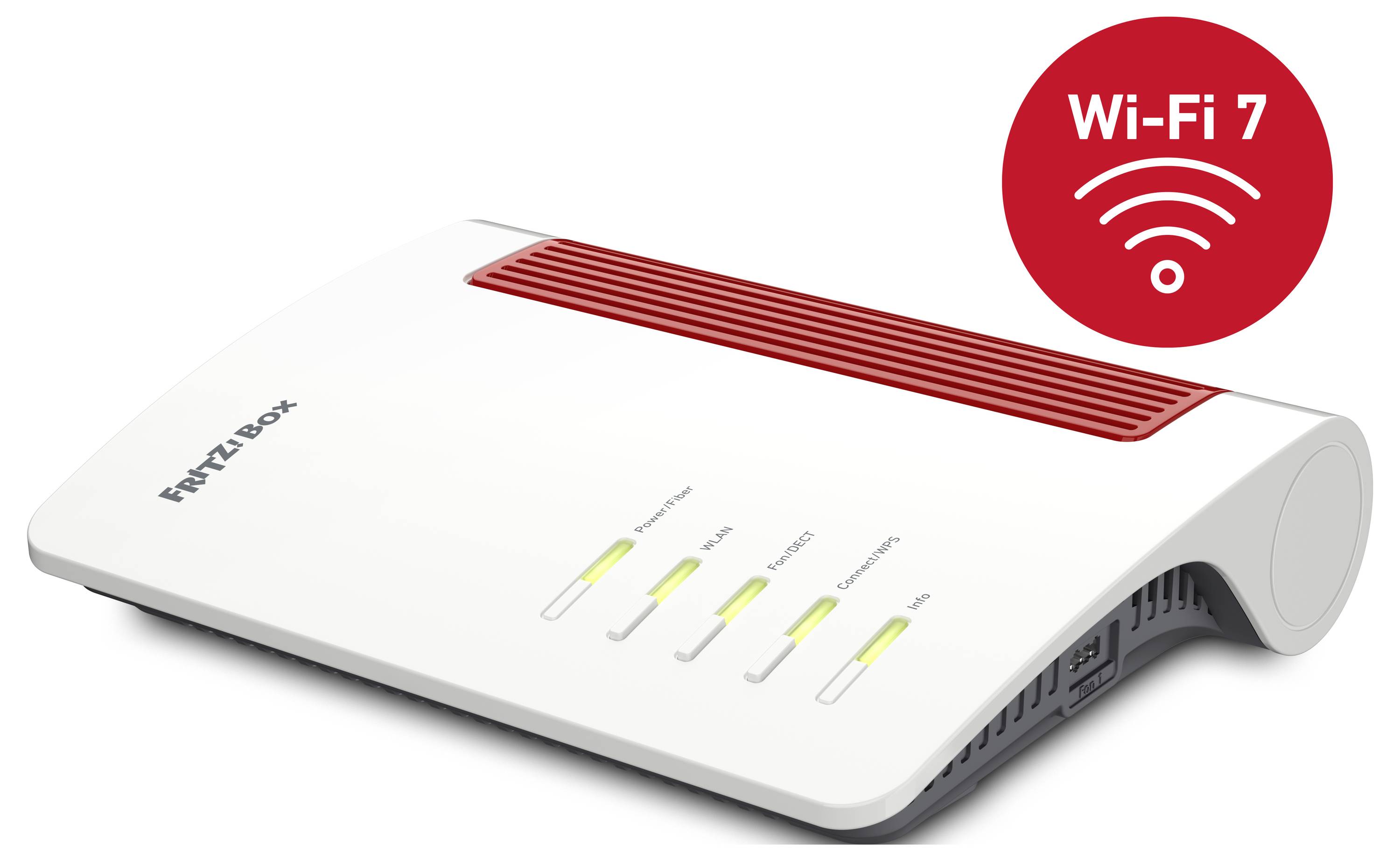 Weißer und roter WLAN 7 Router mit 'FRITZ!Box' Beschriftung, mit Anzeige-LEDs für Stromversorgung, WLAN, Internet und Telefonverbindungen.
