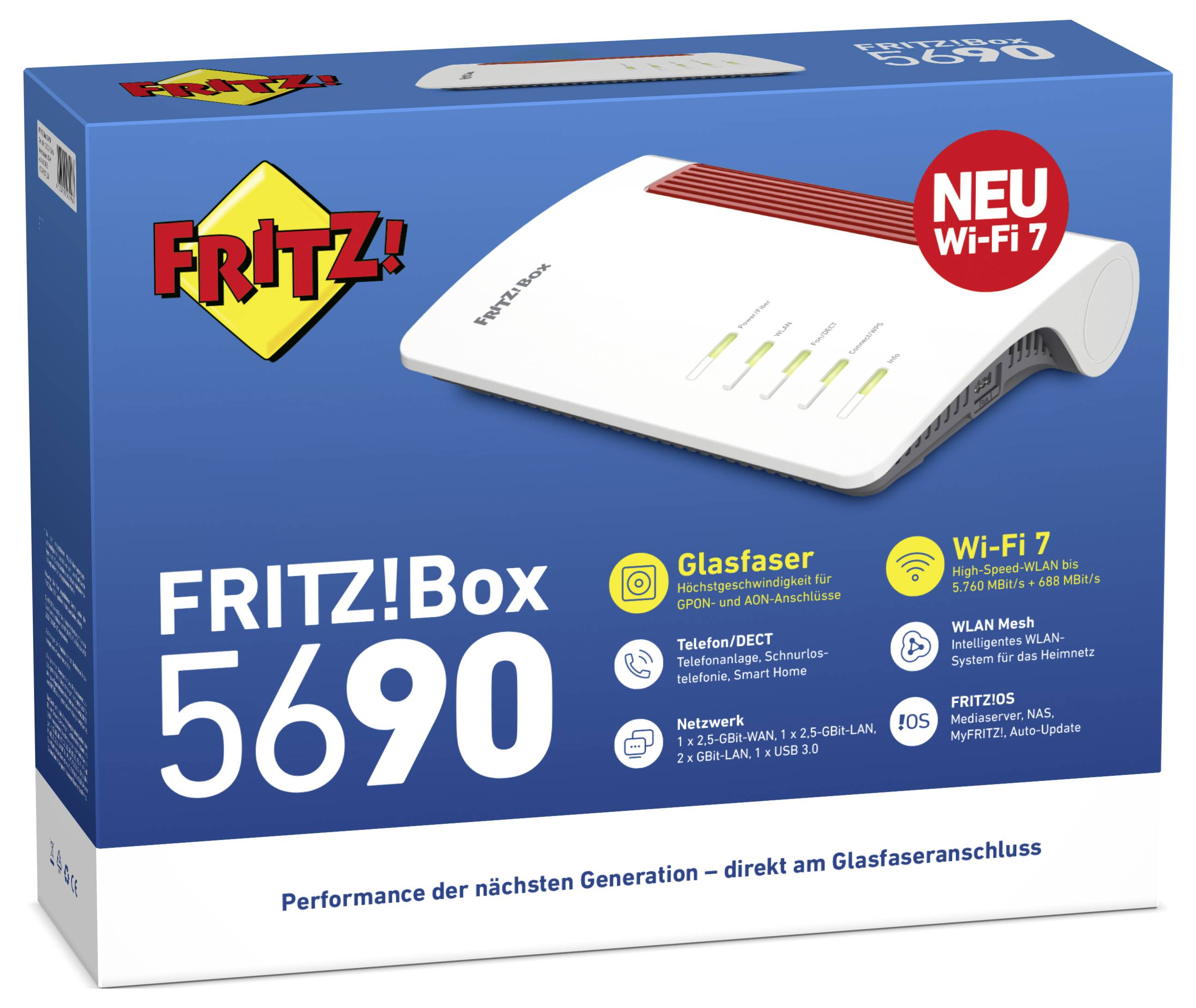 Die Verpackung des 'FRITZ!Box 5690' zeigt einen Hochgeschwindigkeits-Internetrouter, der Glasfaser und Wi-Fi 7 mit fortschrittlichen Netzwerkfunktionen unterstützt.