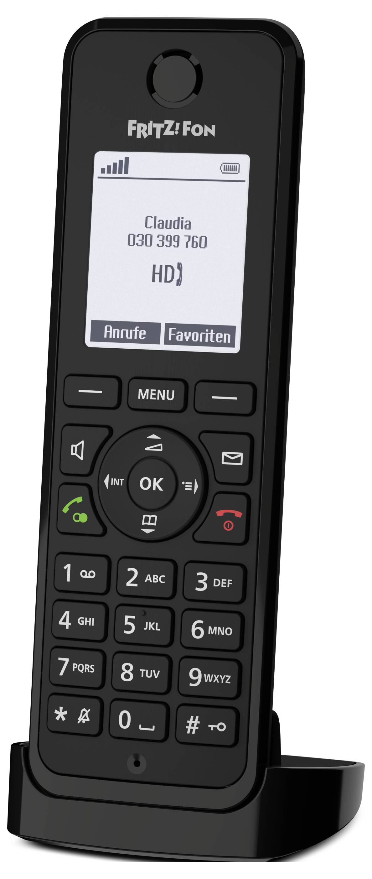 Ein schwarzes schnurloses Telefon mit einem Display, das den Namen 'Claudia' und eine Telefonnummer zeigt. Die Tasten sind mit Anrufffunktionen beschriftet.